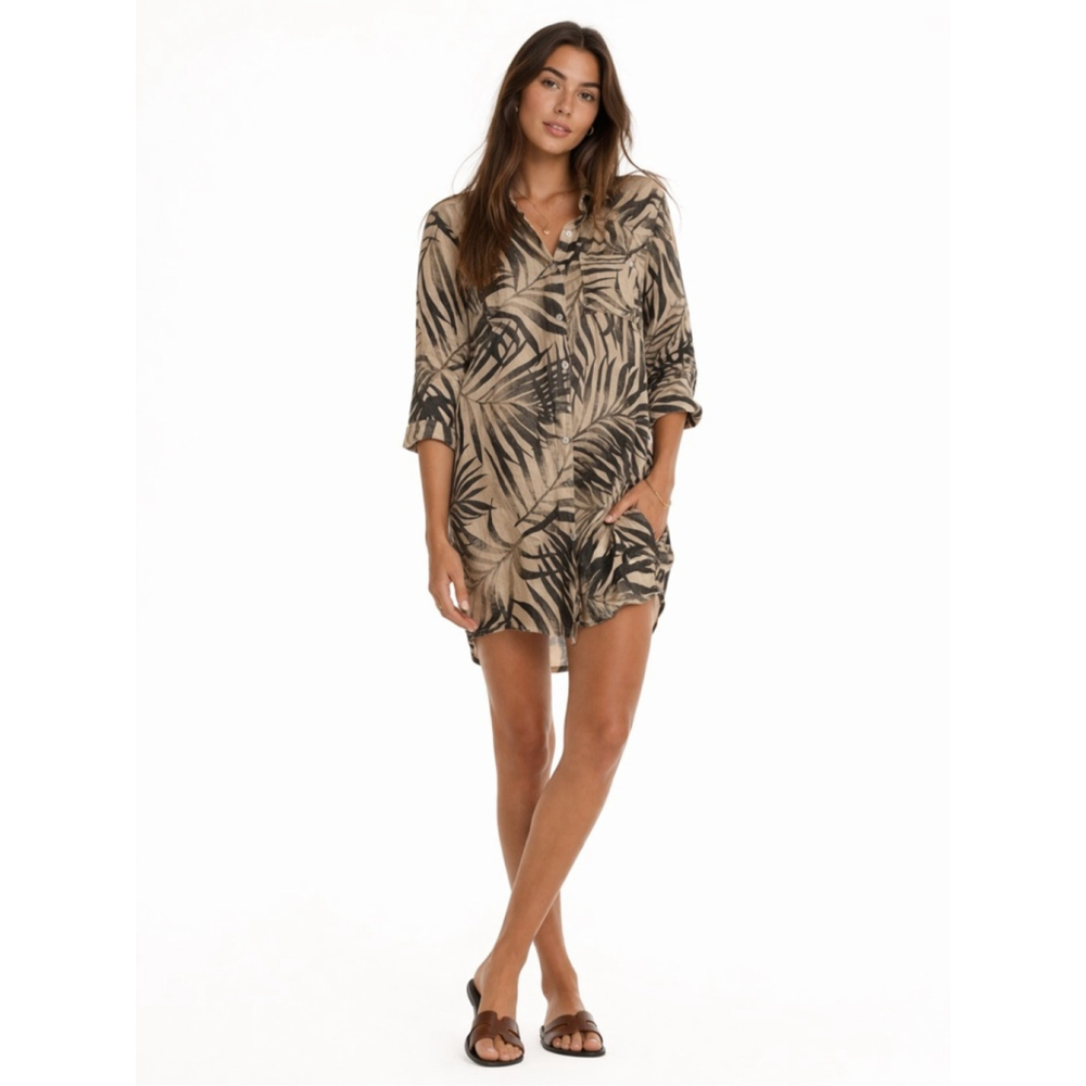 Linen Palm Print Shirt Dress Neutral Tropical Button Front Relaxed Fit Medium